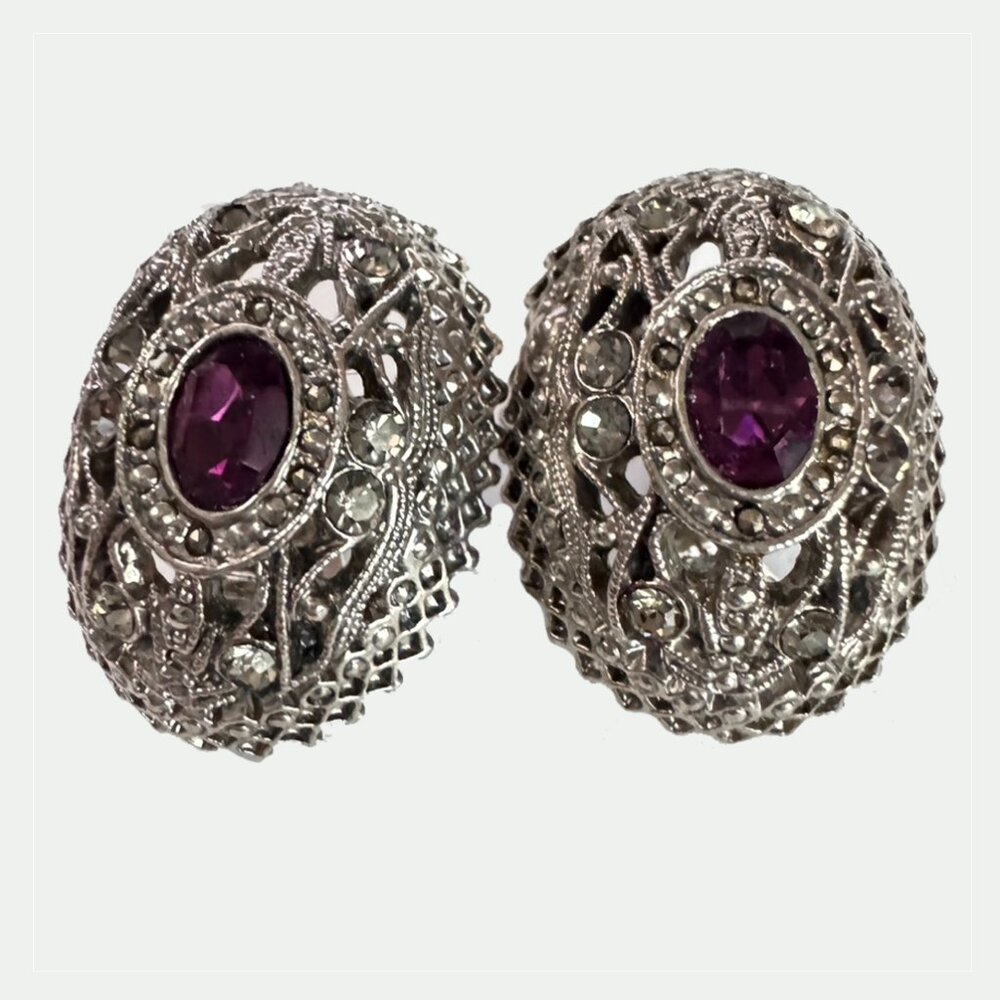 Vintage Clip on Earrings Purple Crystal Silvertone Filigree and Clear Crystals